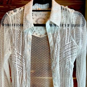 Guess Sheer White Lace Blouse Button Down Top - S